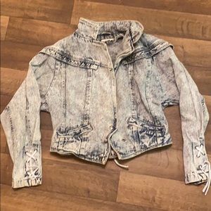 Vintage Cropped Bleached Jean Jacket Leather Trim
